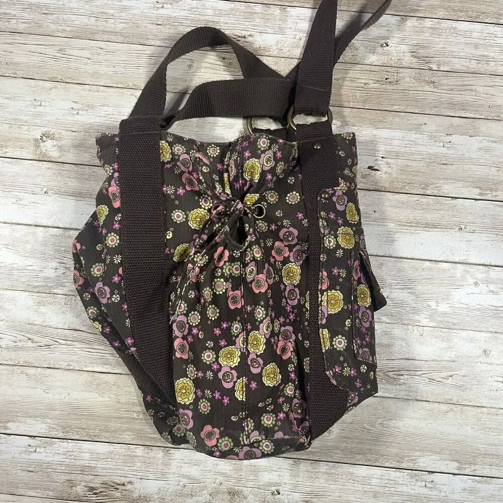 Everyday Shoulder Bag Brown Floral Button Closure, Boho, Cottagecore, Pockets